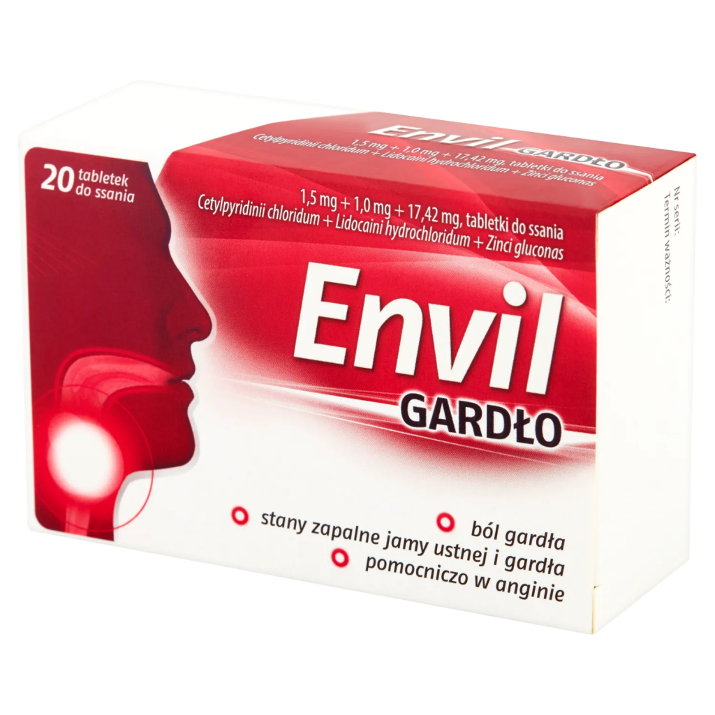 Envil Gardło 1,5 mg + 1 mg + 17,42 mg, 20 tabletek do ssania